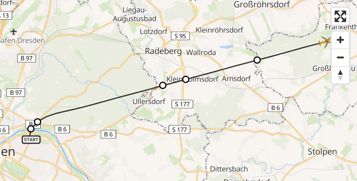 Flugroute Rettungshubschrauber Dresden University Hospital - Frankenthal, 10 Juli 2026, 10:50