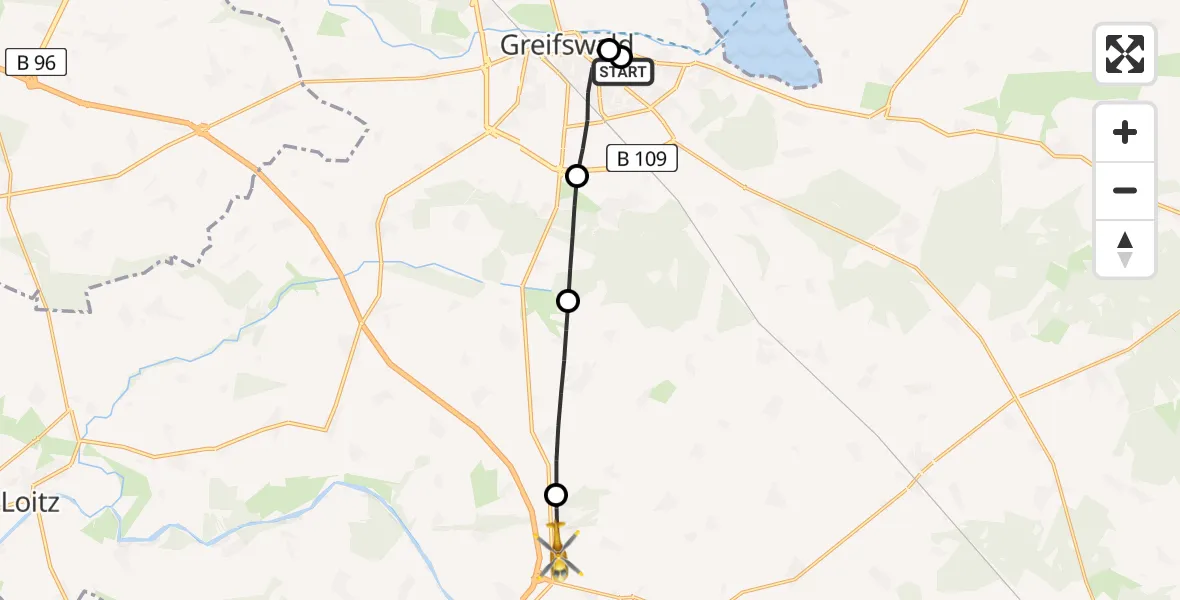 Flugroute Rettungshubschrauber Greifswald Hospital - Bandelin, 10 Juli 2026, 10:51
