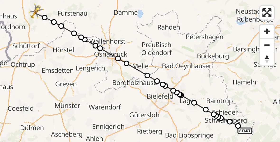 Flugroute Rettungshubschrauber Höxter - Lingen (Ems), 10 Juli 2026, 10:52