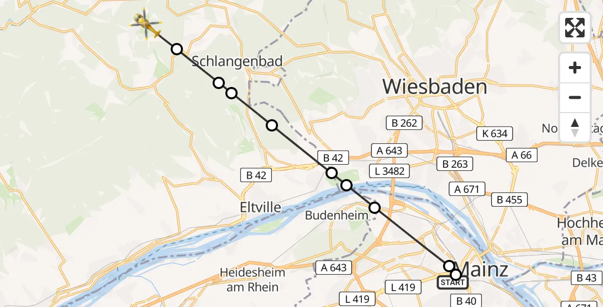 Flugroute Rettungshubschrauber Mainz University Hospital - Bad Schwalbach, 10 Juli 2026, 10:52