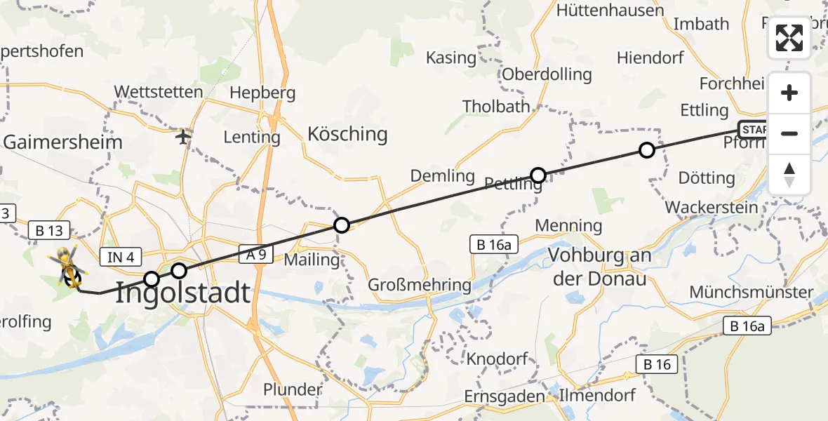 Flugroute Rettungshubschrauber Pförring - Ingolstadt Hospital, 10 Juli 2026, 10:52