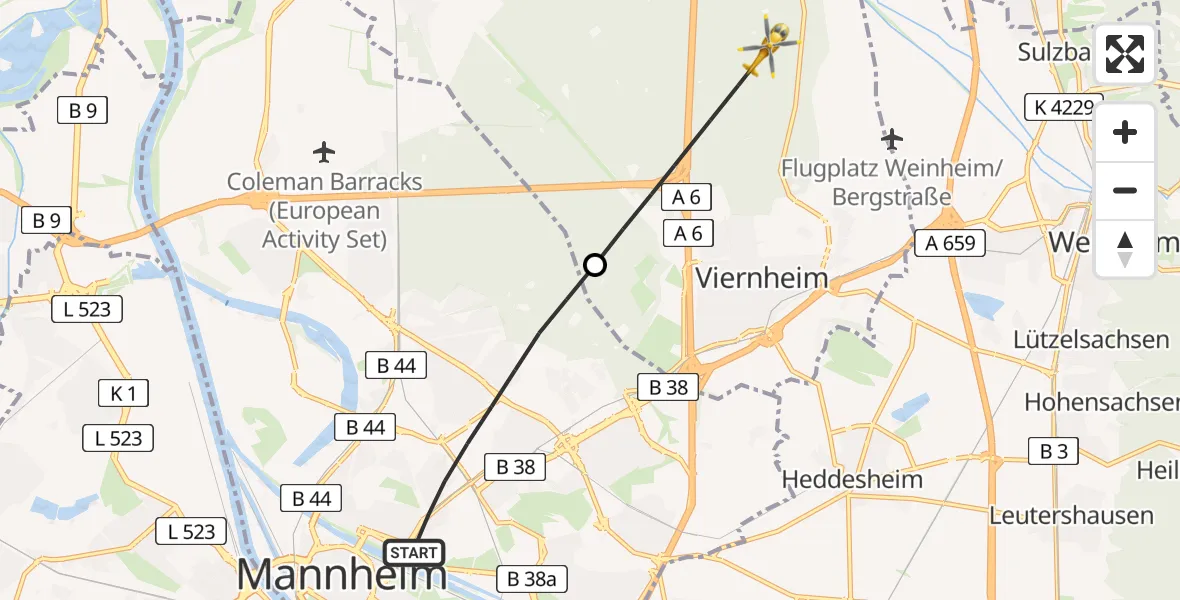 Flugroute Rettungshubschrauber Mannheim - Viernheim, 10 Juli 2026, 10:54