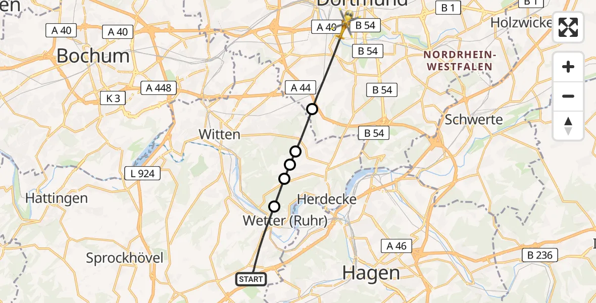 Flugroute Rettungshubschrauber Wetter (Ruhr) - Dortmund, 10 Juli 2026, 10:54
