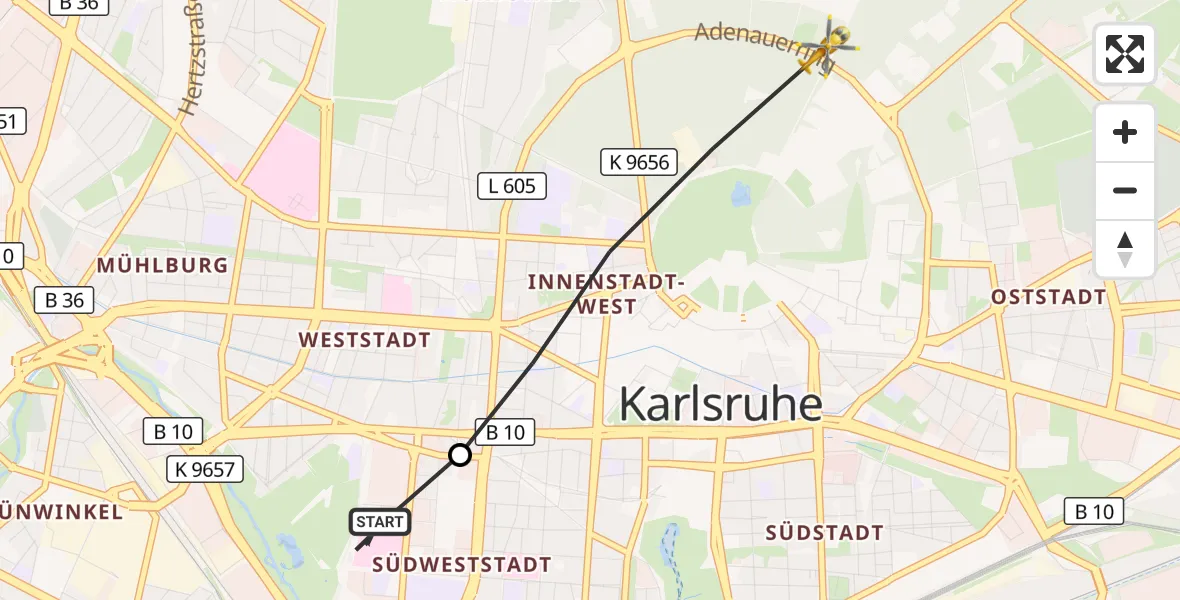 Flugroute Ambulanzhubschrauber Sankt Vincentius Hospital - Karlsruhe, 10 Juli 2026, 10:56
