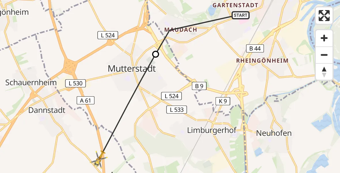 Flugroute Rettungshubschrauber Ludwigshafen am Rhein - Dannstadt-Schauernheim, 10 Juli 2026, 10:58