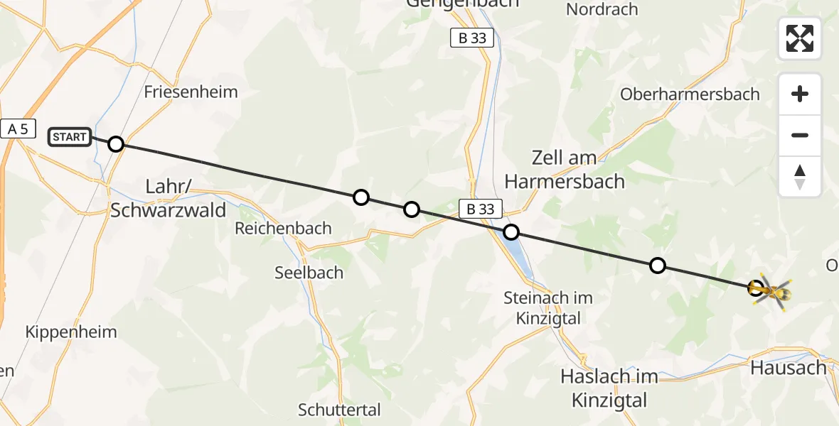 Flugroute Rettungshubschrauber Lahr Flughafen - Hausach, 10 Juli 2026, 11:06