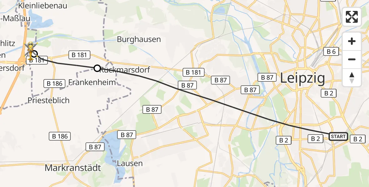 Flugroute Rettungshubschrauber Leipzig - ADAC Air Rescue Station Leipzig/Schkeuditz-Dölzig Hubschrauberlandeplatz (Christoph 61), 10 Juli 2026, 11:17