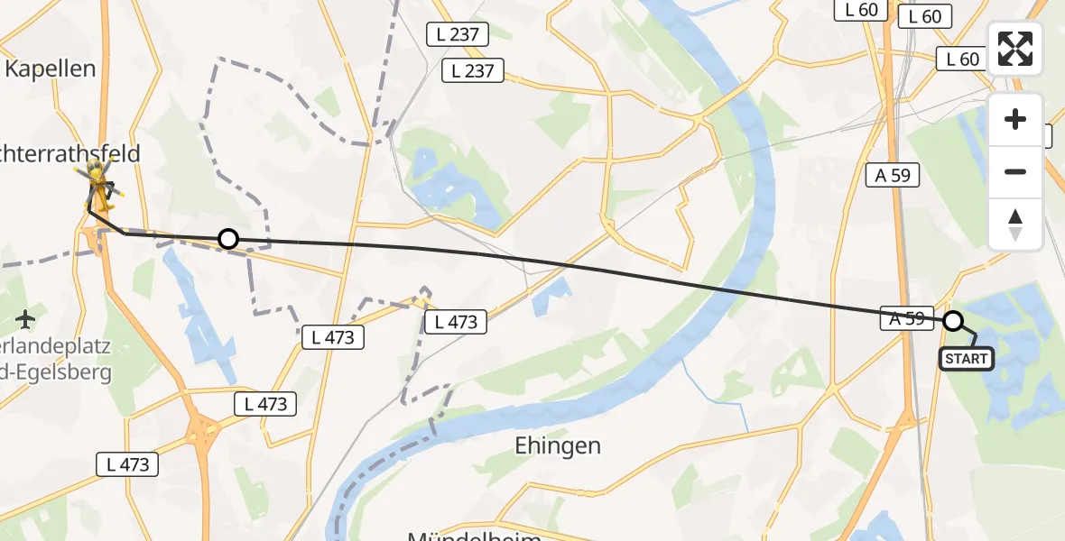 Flugroute Rettungshubschrauber Duisburg Air Rescue Hubschrauberlandeplatz (Christoph 9) - Moers, 10 Juli 2026, 11:19