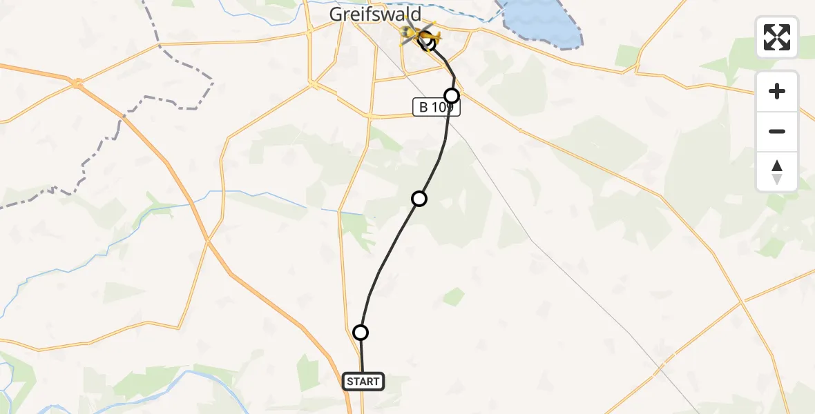 Flugroute Rettungshubschrauber Bandelin - Greifswald Hospital, 10 Juli 2026, 11:20