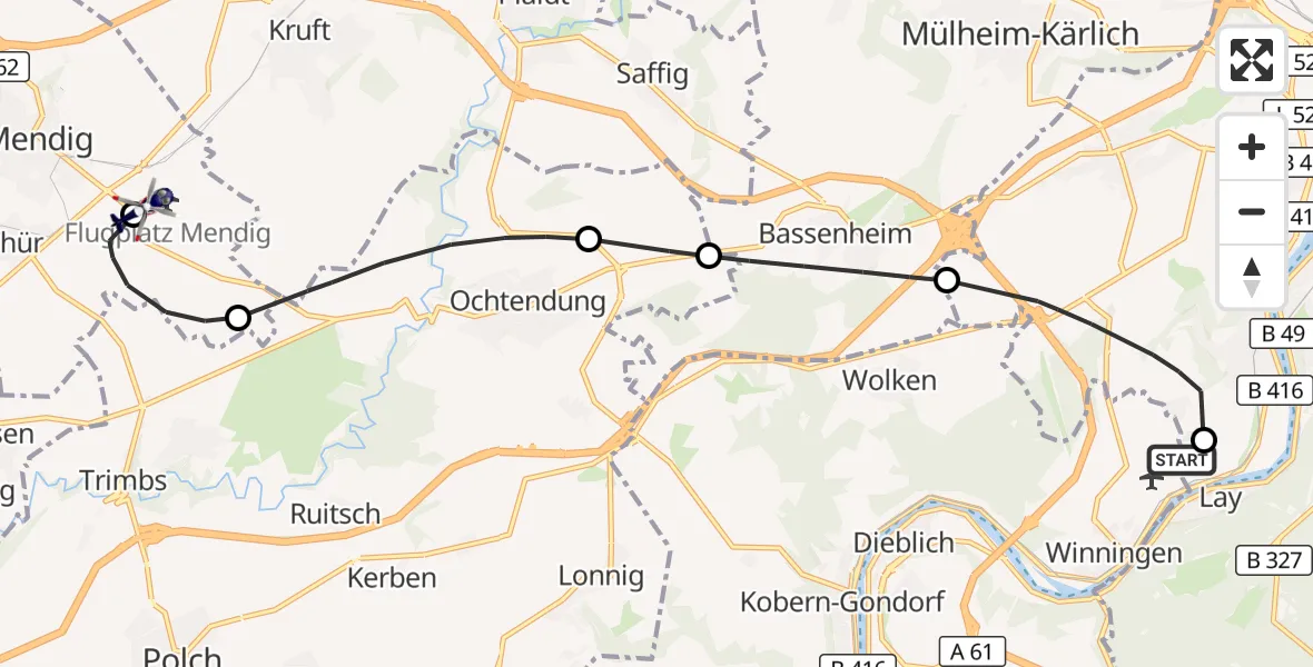Flugroute Polizeihubschrauber Koblenz-Winningen Flugplatz - Mendig, 10 Juli 2026, 11:23