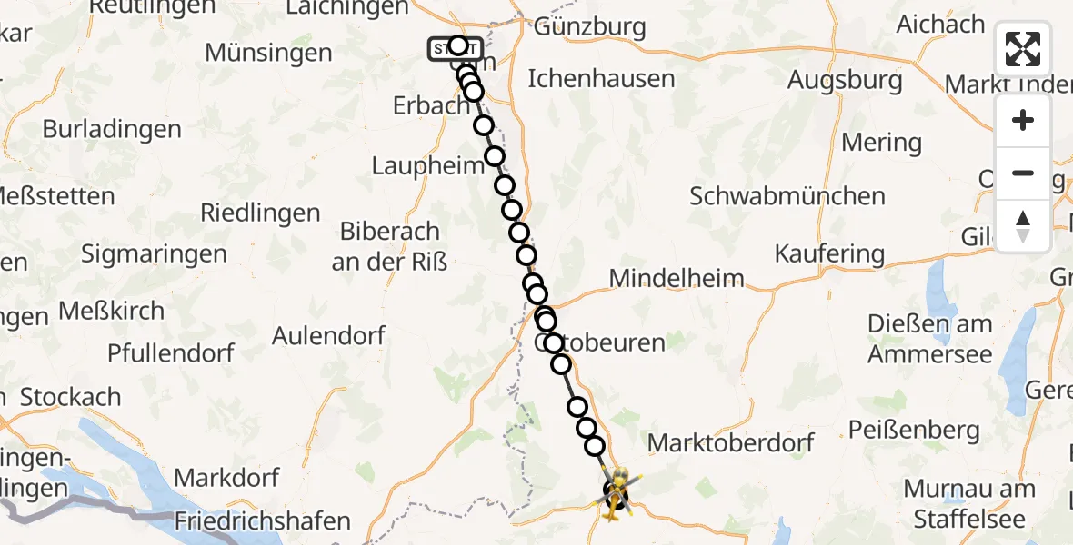 Flugroute Rettungshubschrauber Ulm Military Hospital Emergency - Kempten-Durach Flugplatz, 10 Juli 2026, 11:27