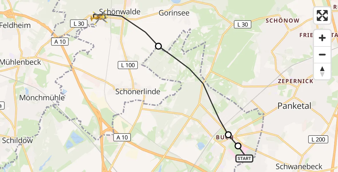 Flugroute Rettungshubschrauber Helios Clinic Berlin-Buch - Wandlitz, 10 Juli 2026, 11:27