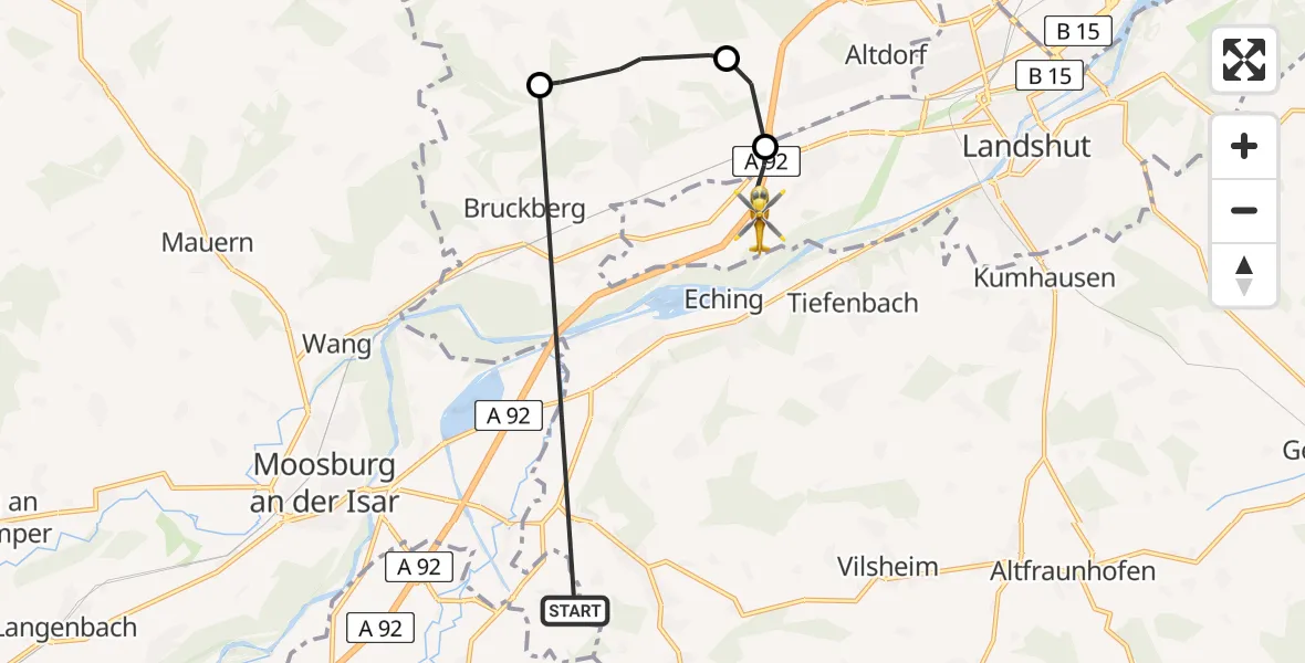 Flugroute Rettungshubschrauber Moosburg a.d.Isar - Landshut, 10 Juli 2026, 11:27