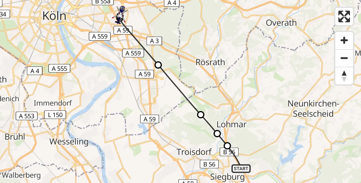 Flugroute Polizeihubschrauber Siegburg - Merheim Hospital, 10 Juli 2026, 11:30