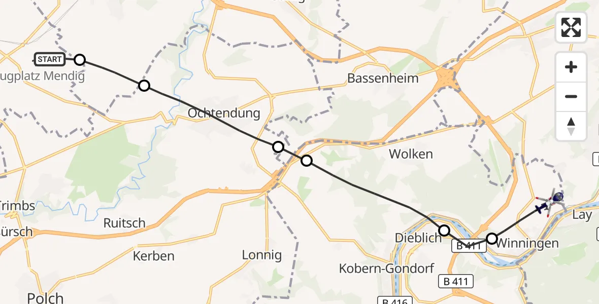 Flugroute Polizeihubschrauber Flugplatz Mendig - Koblenz-Winningen Flugplatz, 10 Juli 2026, 11:34
