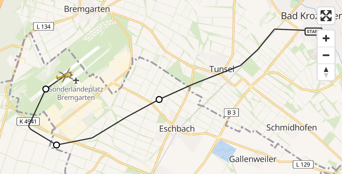 Flugroute Rettungshubschrauber Bad Krozingen - Bremgarten Flugplatz, 10 Juli 2026, 11:35