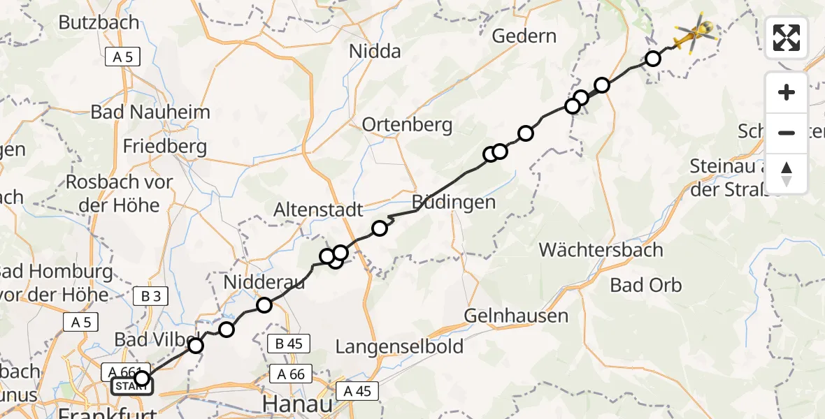 Flugroute Rettungshubschrauber Frankfurt am Main Accident Hospital Roof Helipad (CHX2) - Freiensteinau, 10 Juli 2026, 11:36