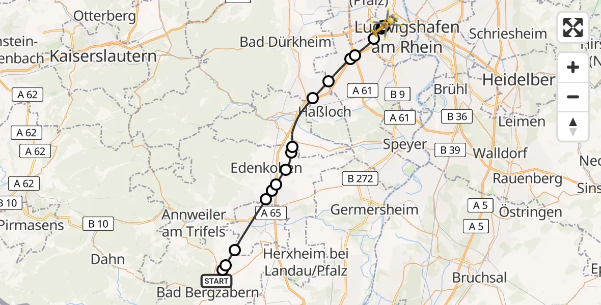 Flugroute Rettungshubschrauber Pleisweiler-Oberhofen - Ludwigshafen Accident Hospital, 10 Juli 2026, 11:36