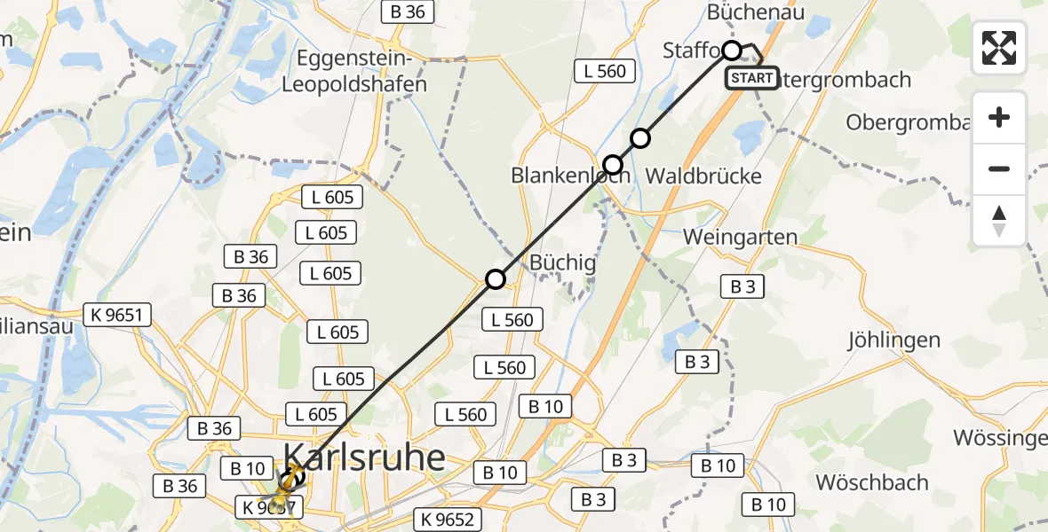 Flugroute Ambulanzhubschrauber Bruchsal - Sankt Vincentius Hospital, 10 Juli 2026, 11:38