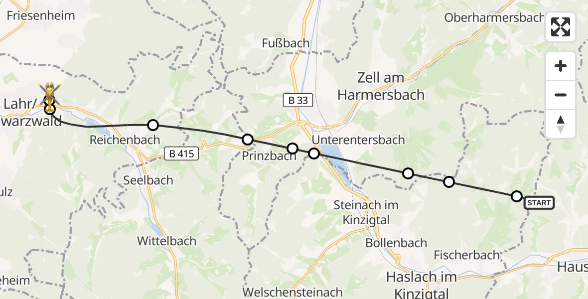 Flugroute Rettungshubschrauber Hausach - Ortenau Hospital Lahr-Ettenheim, 10 Juli 2026, 11:40