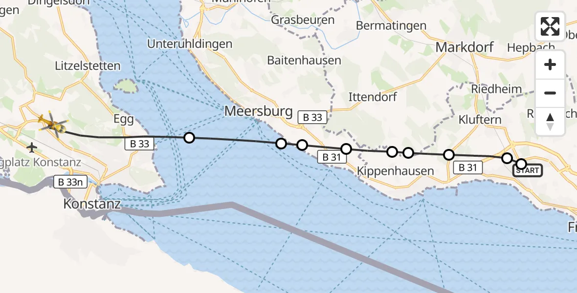 Flugroute Rettungshubschrauber Friedrichshafen Hospital - Konstanz, 10 Juli 2026, 11:41