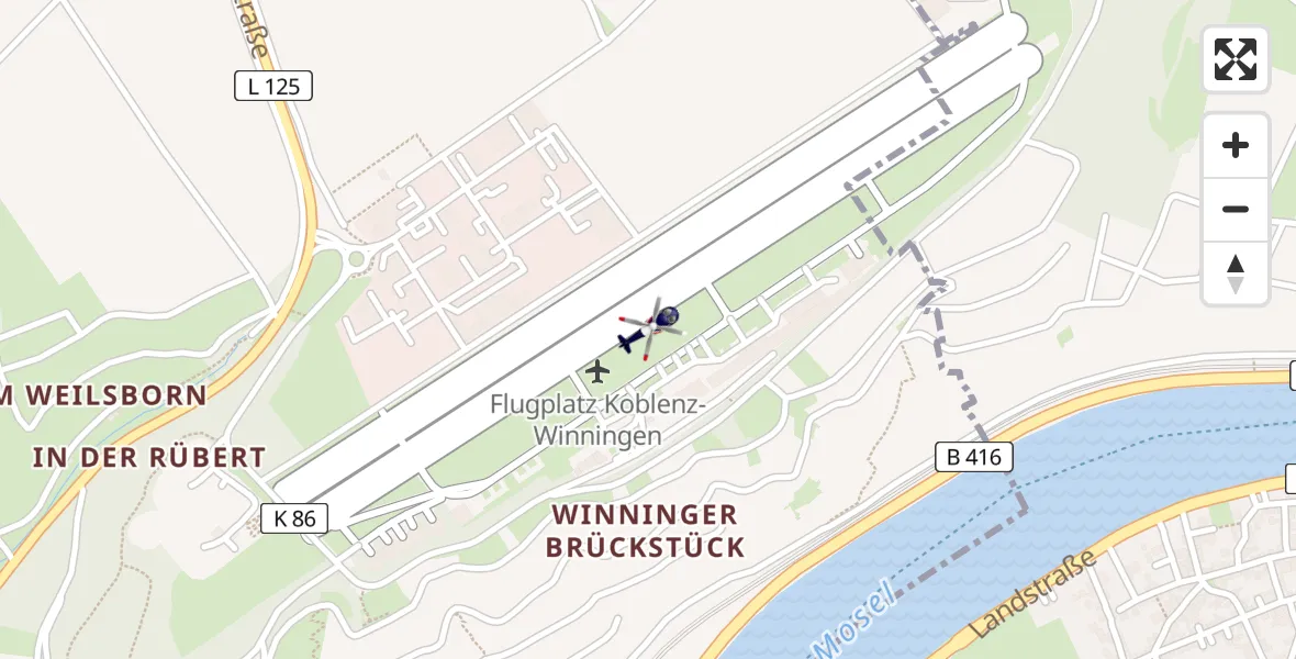 Flugroute Polizeihubschrauber Koblenz-Winningen Flugplatz - Koblenz-Winningen Flugplatz, 10 Juli 2026, 11:41