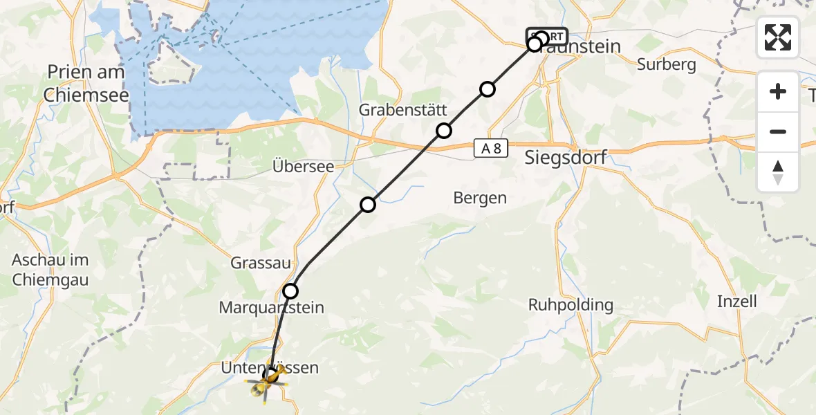 Flugroute Rettungshubschrauber Traunstein Hospital - Unterwössen, 10 Juli 2026, 11:43