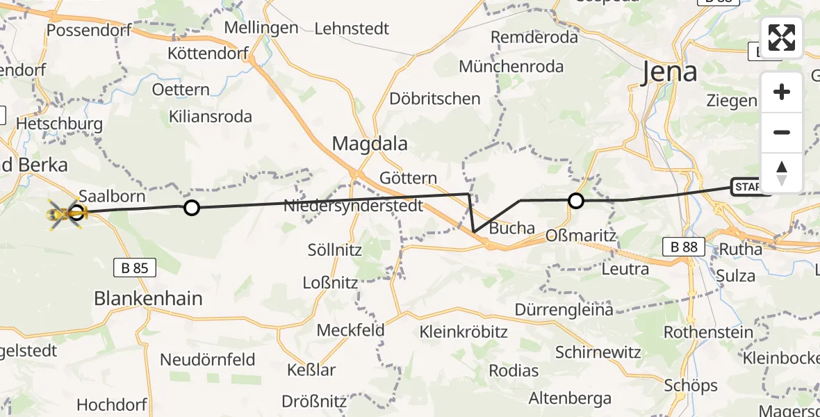 Flugroute Rettungshubschrauber Jena - Bad Berka, 10 Juli 2026, 11:47