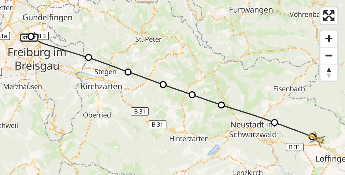 Flugroute Ambulanzhubschrauber Freiburg im Breisgau Flugplatz - Löffingen, 10 Juli 2026, 11:52