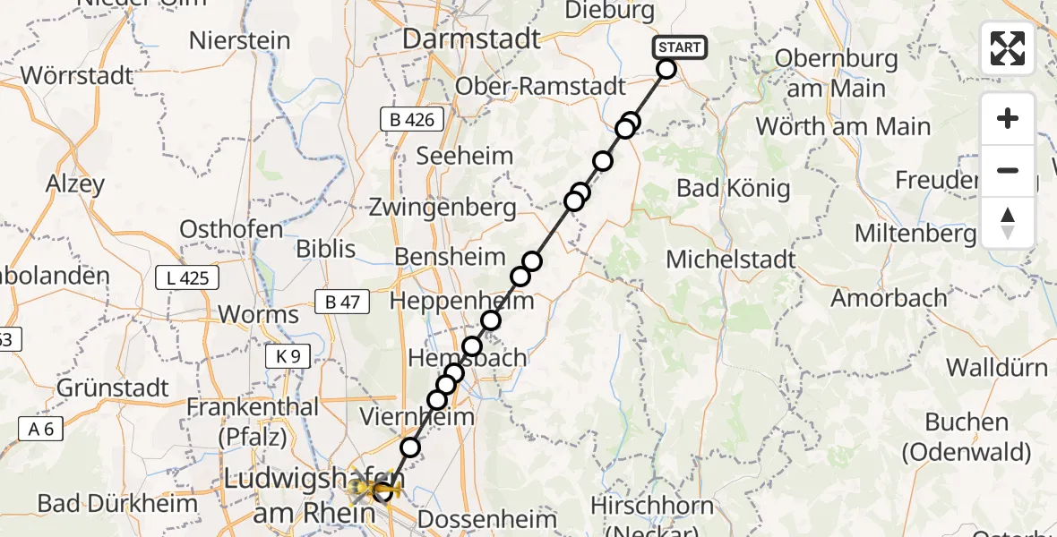 Flugroute Rettungshubschrauber Groß-Umstadt - Mannheim-City Flughafen, 10 Juli 2026, 11:52