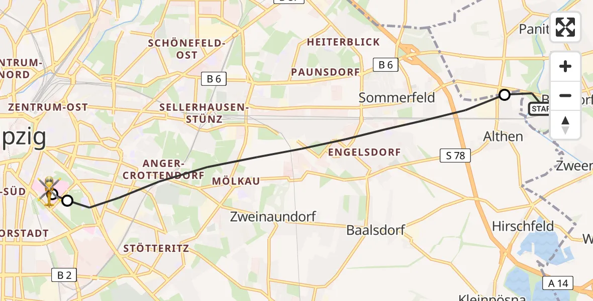 Flugroute Rettungshubschrauber Borsdorf - Leipzig University Hospital Heliport 1, 10 Juli 2026, 11:52