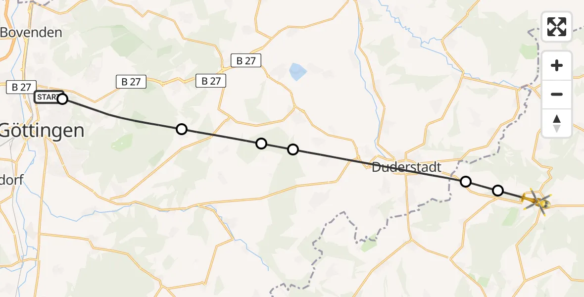 Flugroute Rettungshubschrauber Göttingen University Clinic Hubschrauberlandeplatz - Brehme, 10 Juli 2026, 11:55