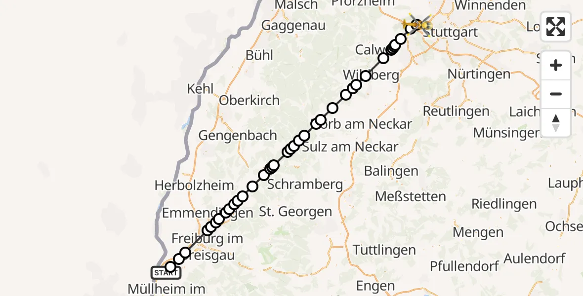 Flugroute Rettungshubschrauber Hartheim am Rhein - Leonberg Hospital, 10 Juli 2026, 11:56