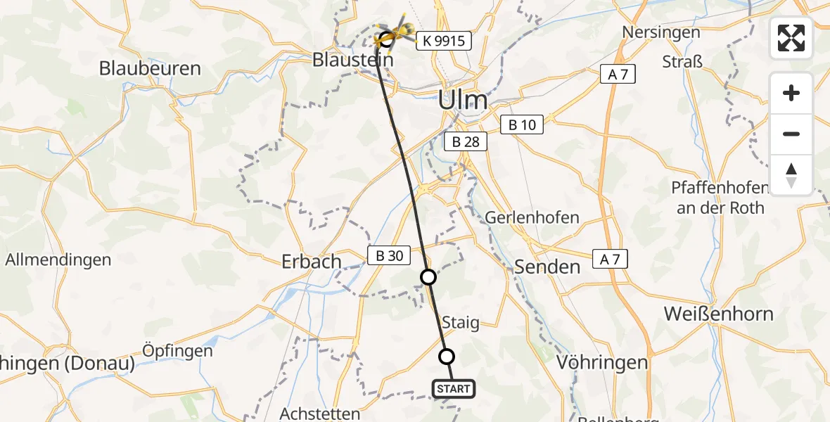Flugroute Rettungshubschrauber Schnürpflingen - Ulm Military Hospital Emergency, 10 Juli 2026, 11:59