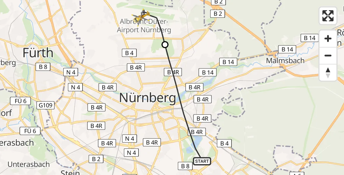 Flugroute Ambulanzhubschrauber Nürnberg - Flughafen Nuremberg, 10 Juli 2026, 12:01