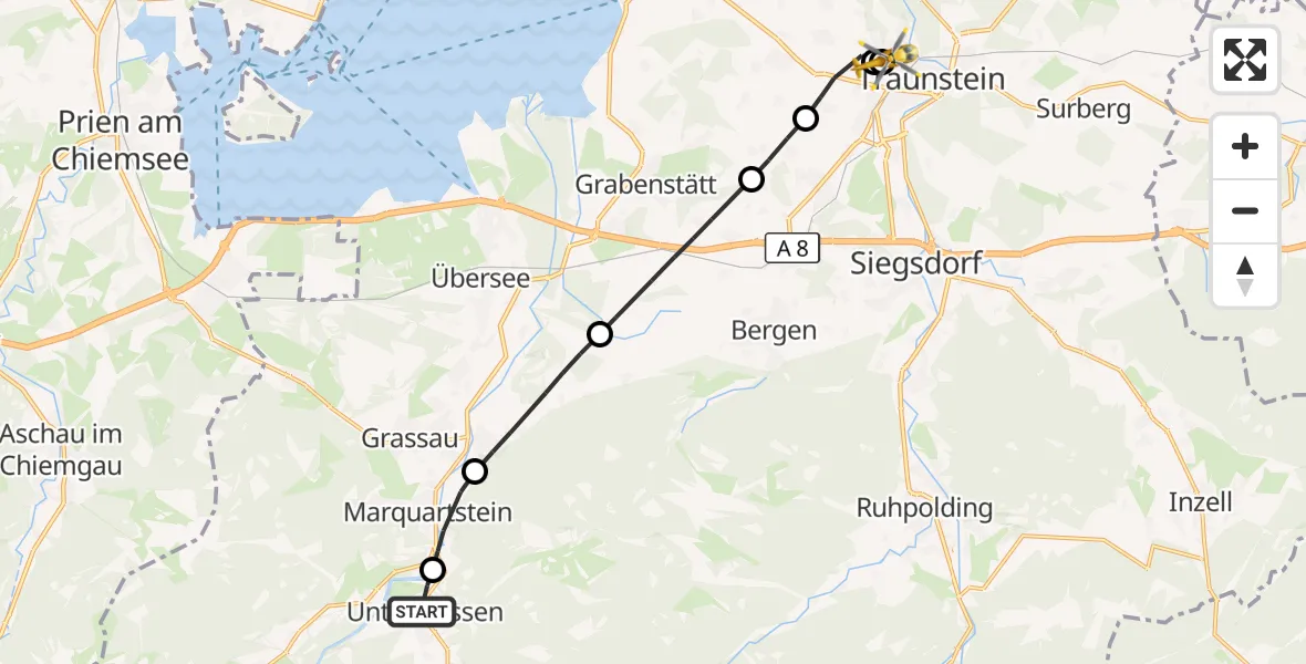 Flugroute Rettungshubschrauber Unterwössen - Traunstein Hospital, 10 Juli 2026, 12:06