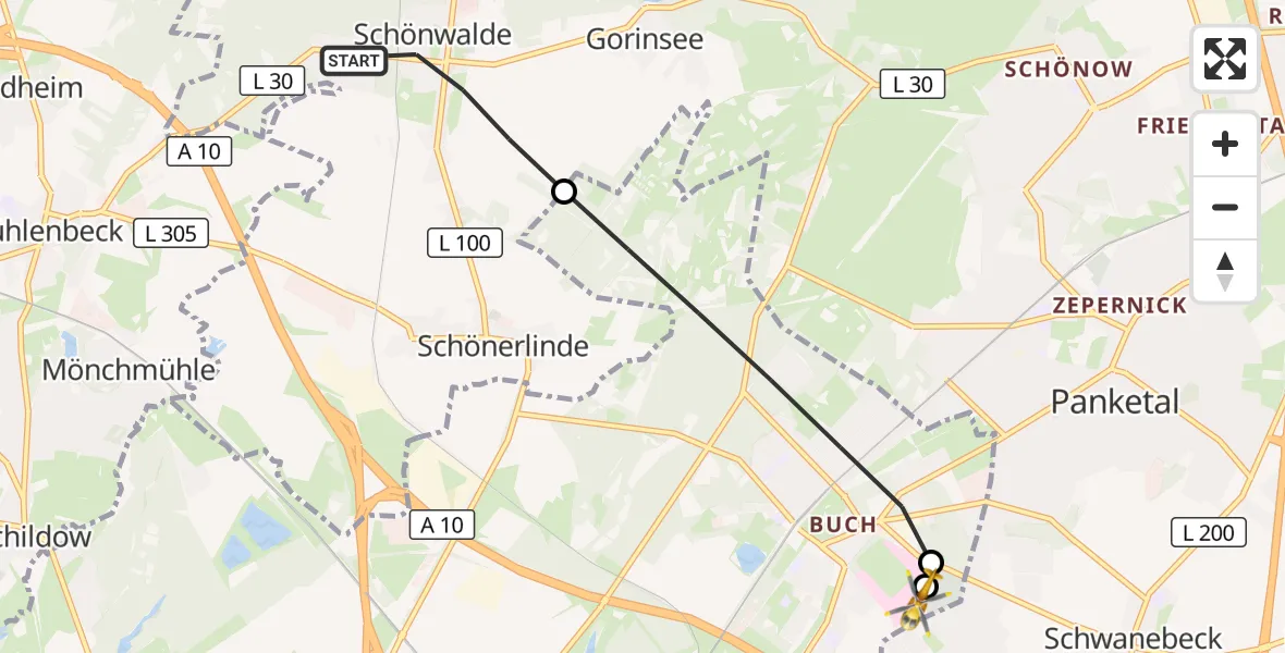 Flugroute Rettungshubschrauber Wandlitz - Helios Clinic Berlin-Buch, 10 Juli 2026, 12:09