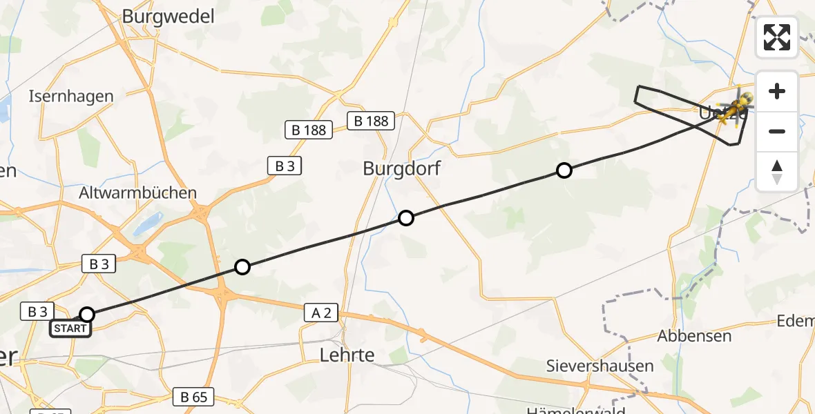 Flugroute Rettungshubschrauber Hannover Luftrettung Hubschrauberlandeplatz (Christoph 4) - Uetze, 10 Juli 2026, 12:11