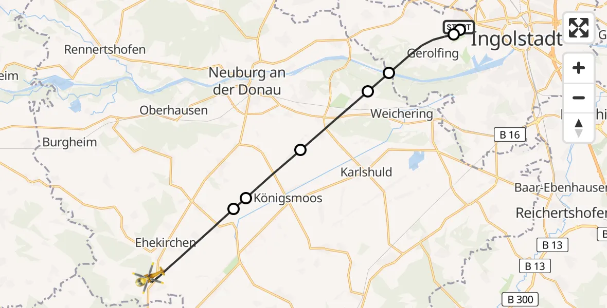 Flugroute Rettungshubschrauber Ingolstadt Hospital - Ehekirchen, 10 Juli 2026, 12:12