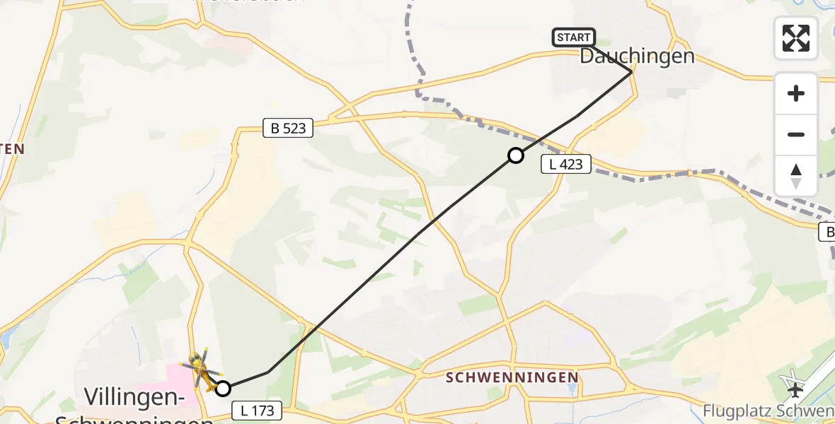 Flugroute Ambulanzhubschrauber Dauchingen - DRF Air Rescue Station Villingen-Schwenningen Hubschrauberlandeplatz (Christoph 11), 10 Juli 2026, 12:15