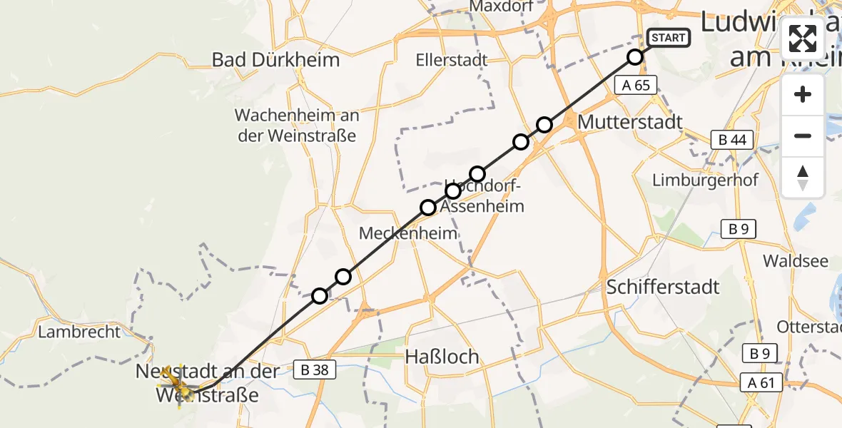 Flugroute Rettungshubschrauber Ludwigshafen am Rhein - Neustadt an der Weinstraße, 10 Juli 2026, 12:17