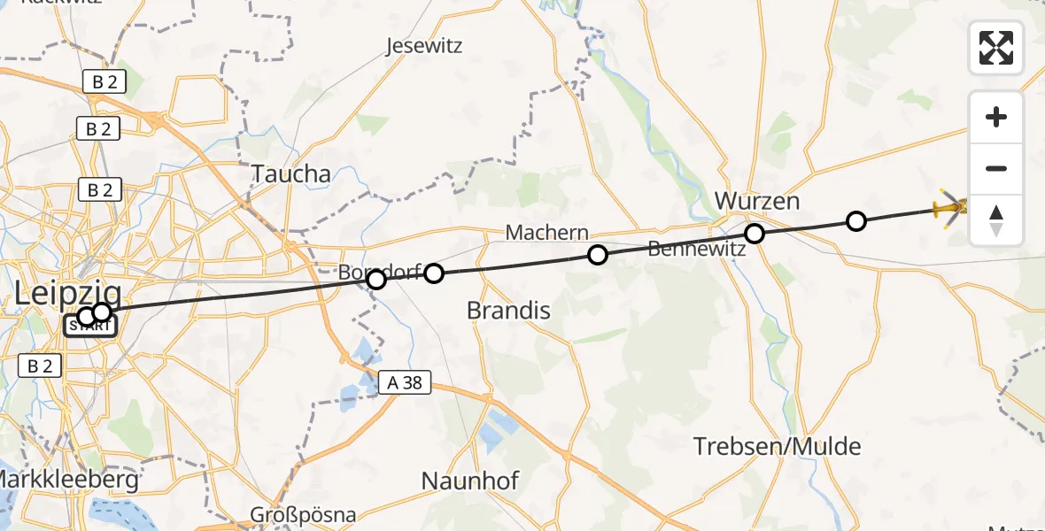 Flugroute Rettungshubschrauber Leipzig University Hospital Heliport 1 - Lossatal, 10 Juli 2026, 12:17