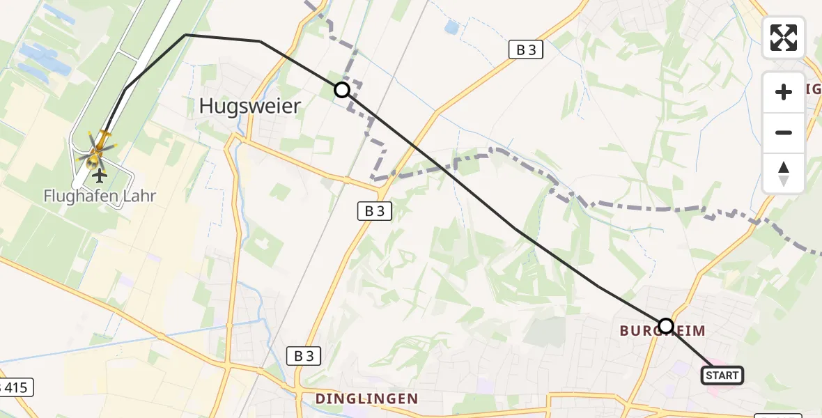 Flugroute Rettungshubschrauber Ortenau Hospital Lahr-Ettenheim - Lahr Flughafen, 10 Juli 2026, 12:20