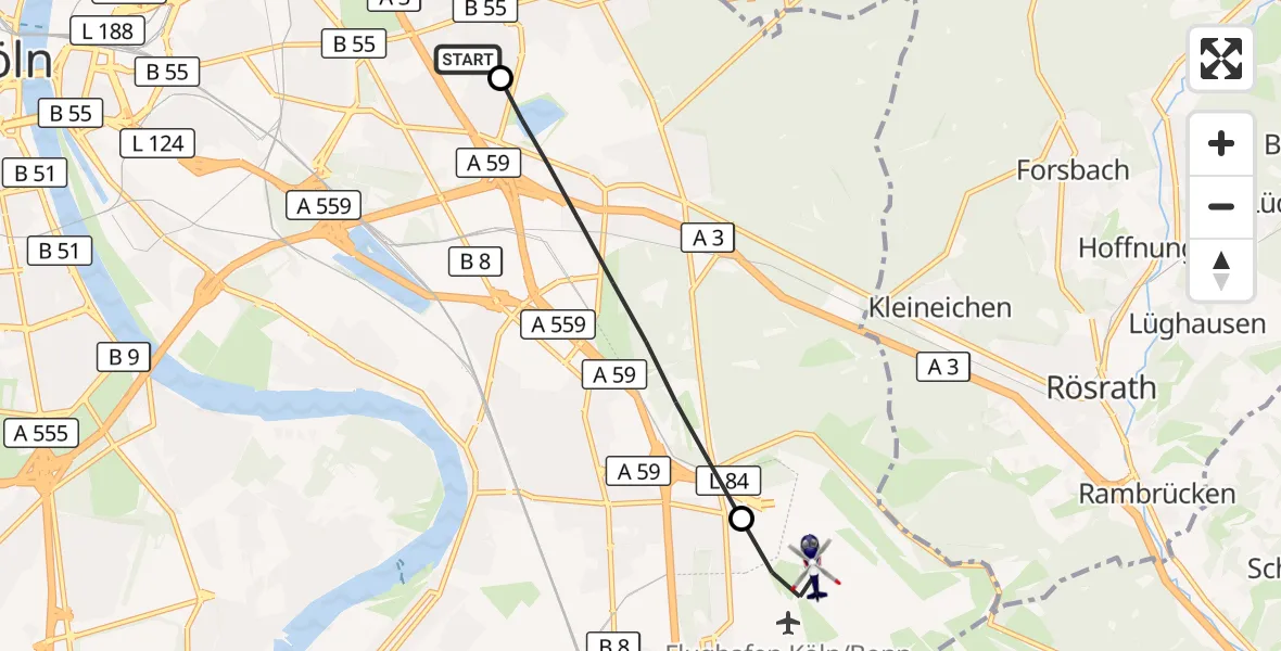 Flugroute Polizeihubschrauber Merheim Hospital - Köln Bonn Flughafen, 10 Juli 2026, 12:20