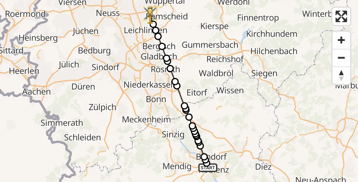 Flugroute Rettungshubschrauber Koblenz - Solingen, 10 Juli 2026, 12:27