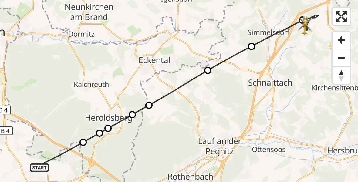 Flugroute Ambulanzhubschrauber Flughafen Nuremberg - Schnaittach, 10 Juli 2026, 12:29