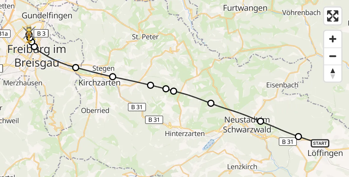 Flugroute Ambulanzhubschrauber Löffingen - Freiburg im Breisgau Flugplatz, 10 Juli 2026, 12:30