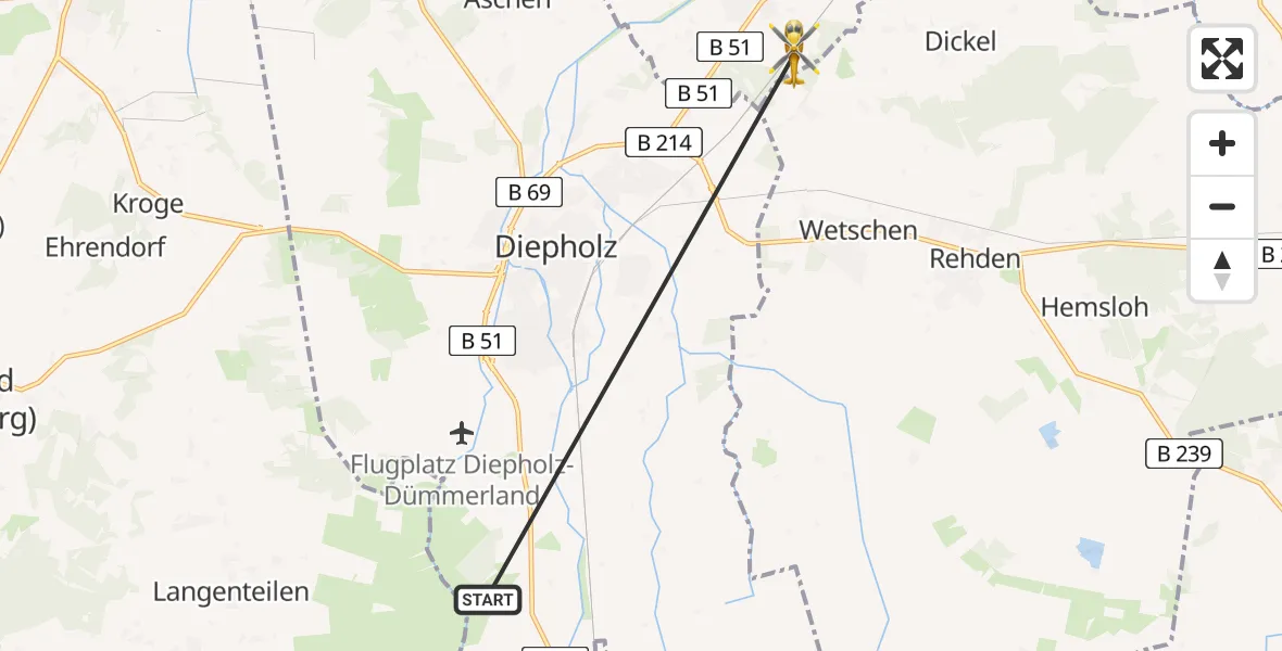 Flugroute Rettungshubschrauber Diepholz - Drebber, 10 Juli 2026, 12:36