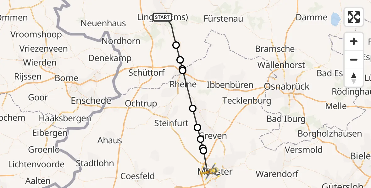 Flugroute Rettungshubschrauber Lingen (Ems) - Münster, 10 Juli 2026, 12:36