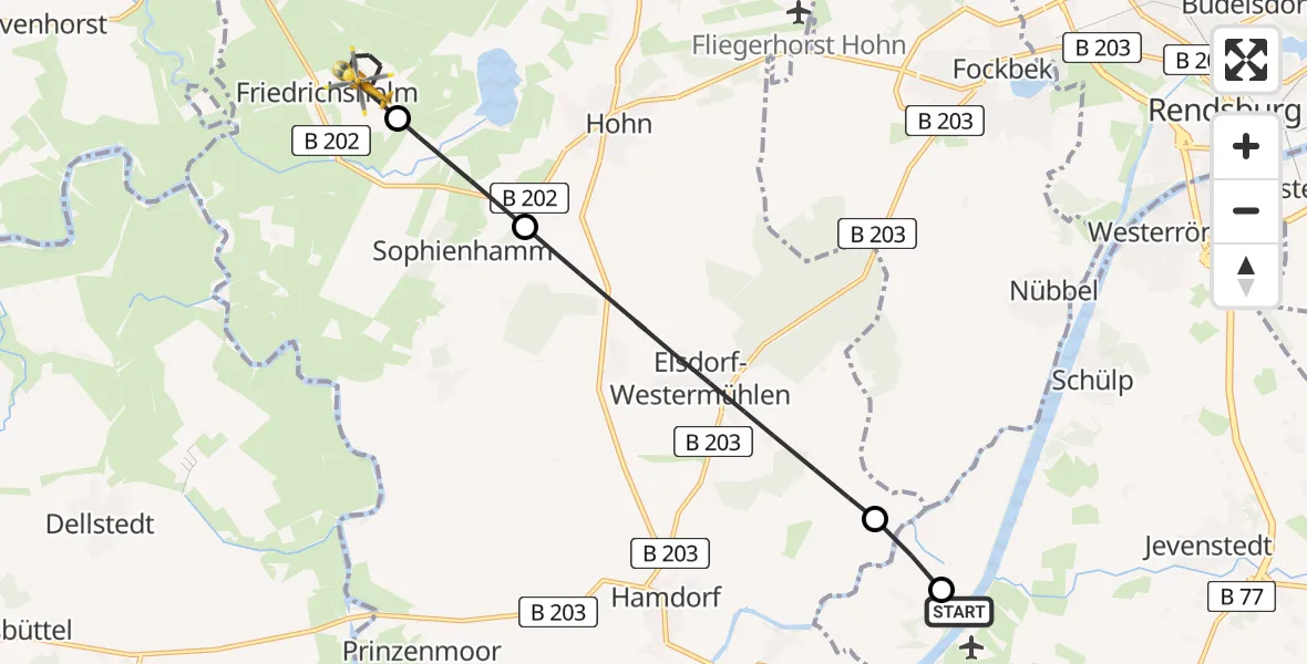 Flugroute Ambulanzhubschrauber Rendsburg-Schachtholm Flugplatz - Friedrichsholm, 10 Juli 2026, 12:39